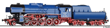 [Lokomotivy] → [Parn] → [BR 42] → 502597: parn lokomotiva modr s kouovmi plechy, ernou dmnic a s ervenm pojezdem